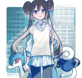 1girl black_pantyhose blue_eyes brown_hair double_bun gen_2_pokemon gen_5_pokemon hair_bun long_hair long_sleeves mareep nintendo pantyhose pokemon pokemon_(creature) pokemon_bw2 rosa_(pokemon) servine shirt shorts twintails zui_fz