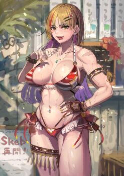 1girl bikini blonde_hair breasts fingerless_gloves gloves green_eyes hand_on_own_chest hand_on_own_hip highres large_breasts licking_lips long_hair looking_at_viewer navel_piercing original piercing pink_lips red_bikini smile solo swimsuit toned tongue tongue_out tongue_piercing