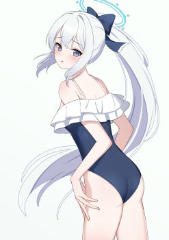 1girl absurdres ass back bare_shoulders black_bow blue_archive blue_halo blue_one-piece_swimsuit blush bow breasts casual_one-piece_swimsuit commentary cowboy_shot d: daoyan floating_hair frilled_one-piece_swimsuit frills from_behind frown furrowed_brow hair_bow hair_intakes halo highres long_hair looking_at_viewer looking_back miyako_(blue_archive) official_alternate_costume official_alternate_hairstyle one-piece_swimsuit open_mouth ponytail purple_eyes sidelocks simple_background small_breasts solo swimsuit very_long_hair white_background white_hair