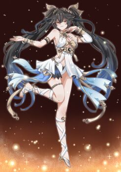 Rule 34 | 1girl, absurdres, ancient greek clothes, armlet, artist collaboration, bare shoulders, black hair, black skirt, blue hair, breasts, commentary, cosplay, english commentary, full body, gladiator sandals, gold bra, gradient background, gradient hair, greco-roman clothes, hair between eyes, hands up, highres, hina1103, iuno (wuthering waves), iuno (wuthering waves) (cosplay), jewelry, laurel crown, looking at viewer, lucia: pyroath (pgr), lucia (pgr), medium breasts, meteorgale, multicolored hair, orange background, parted lips, punishing: gray raven, red eyes, sandals, showgirl skirt, skirt, smile, solo, thighlet, thighs, twintails, vambraces, variant set, wuthering waves