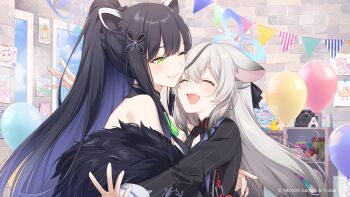 Rule 34 | 2girls, balloon, bare shoulders, black hair, blue archive, blue hair, closed eyes, colored inner hair, green eyes, grey hair, halo, highres, indoors, kokona (blue archive), long sleeves, multicolored hair, multiple girls, official art, one eye closed, open mouth, parted lips, shun (blue archive), siblings, sisters, streaked hair, tomari (veryberry00)