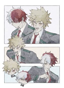 2boys bakugou_katsuki blonde_hair blue_eyes boku_no_hero_academia border chibi chibi_inset closed_mouth collared_shirt facial_scar grey_eyes grey_jacket hair_between_eyes heterochromia highres jacket lyuuuuqq13 male_focus multicolored_hair multiple_boys multiple_views necktie open_mouth red_eyes red_hair red_necktie scar scar_across_eye scar_on_cheek scar_on_face school_uniform shirt short_hair spiked_hair suit_jacket todoroki_shoto two-tone_hair u.a._school_uniform upper_body white_border white_hair white_shirt