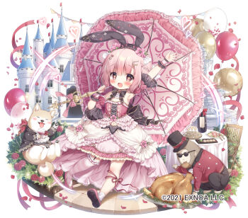 +_+ 1girl :d animal_ears balloon castle chicken_(food) dog dress food frilled_dress frills fruits_fulcute! holding holding_food holding_umbrella leg_ribbon momozu_komamochi monkey official_art open_mouth pink_eyes pink_hair rabbit_ears ribbon smile solo umbrella