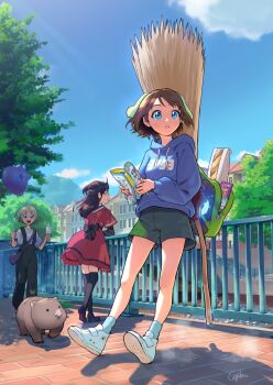 3girls against_railing animal animal_ears backpack bag baguette balloon black_shoes black_thighhighs blue_eyes blue_hoodie blue_shoes blue_socks book bread broom brown_hair clenched_teeth cojibou commentary_request drawstring dress droopy_ears fake_animal_ears food full_body green_bag green_shorts highres holding holding_balloon holding_book holding_ice_cream_cone hood hood_down hoodie ice_cream ice_cream_cone long_hair minamimi-san multiple_girls one_side_up original outdoors pamphlet railing red_dress shoes short_hair shorts sneakers socks standing teeth thighhighs wombat