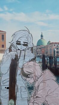 Rule 34 | 2boys, absurdres, ahoge, aotsuki eito, backpack, bag, chinese commentary, commentary request, drawstring, e880444865, eyes visible through hair, fang, gloves, high collar, highres, hood, hood down, jacket, long sleeves, male focus, multicolored hair, multiple boys, open mouth, photo background, pocket, short hair, skin fang, sleeves past wrists, sleeves rolled up, smile, spoilers, streaked hair, sumino takumi, sunglasses, sweat, the hundred line -last defense academy-, triangle mouth, two-tone hair, variant set