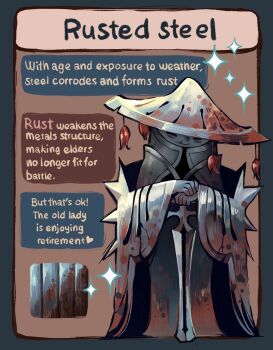 Rule 34 | 1girl, armor, closed eyes, closed mouth, colored skin, english text, feefal, full body, grey skin, hat, helmet, highres, knight, metal skin, monster girl, old, old woman, original, personification, rust, simple background, smile, solo, sparkle, sword, weapon