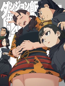 1boy 5girls armor benichidori black_hair black_scarf brown_hair chest_guard chipped_tooth covered_mouth cowboy_shot crest dungeon_meshi facial_hair family_crest from_below hair_over_shoulder height_difference hien highres horns inutade izutsumi japanese_armor japanese_clothes kimono koyama_miki kusazuri long_hair long_sleeves looking_at_another looking_at_viewer looking_back low_twintails maizuru mask mature_female mole mole_under_eye multiple_girls multiple_moles ninja oni orange_kimono outside_border ponytail rope scarf short_kimono shoulder_armor shurou sideways_glance sode stubble thick_thighs thighs twintails white_kimono yellow_eyes