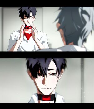 2boys alien_stage artist_logo artist_name black_eyes black_hair choker collared_shirt commentary dss_choker english_commentary fang grey_hair highres ivan_(alien_stage) logo male_focus multiple_boys neon_genesis_evangelion red_pupils shirt short_hair till_(alien_stage) uchiha_i_arts very_short_hair white_shirt