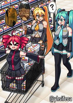 >_< 3girls :d acefish ahoge akita_neru antenna_hair aqua_eyes aqua_hair aqua_necktie black_boots black_shirt black_skirt black_sleeves blonde_hair blue_eyes blue_hair blue_necktie boots bread breasts closed_eyes collared_shirt detached_sleeves drill_hair food full_body grey_shirt hair_ornament hatsune_miku headphones high_side_ponytail in_shopping_cart indoors kasane_teto kasane_teto_(utau) long_hair long_sleeves looking_at_another looking_to_the_side medium_breasts meme miniskirt multiple_girls navel necktie number_tattoo open_mouth outstretched_arms paid_reward_available photo_inset pleated_skirt pollution red_hair shirt shopping shopping_cart short_hair shoulder_tattoo side_ponytail skirt sleeveless sleeveless_shirt smile spread_arms tattoo thigh_boots tile_floor tiles triple_baka_(group) twin_drills twintails twitter_username utau very_long_hair vocaloid walking wonder_bread wonder_bread_fetish_(murrlogic1) xd yellow_eyes yellow_necktie