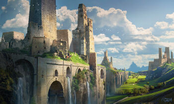 animal arch blue_sky building cloud cloudy_sky commentary day english_commentary field highres horse horseback_riding landscape original outdoors people photorealistic raphael-lacoste realistic riding scenery signature simple_bird sky tower water waterfall