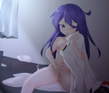 1girl absurdres akatsuki_(kancolle) anchor_symbol anus bedroom black_sailor_collar blue_eyes blue_hair blush breasts bright_pupils censored charger collarbone completely_nude controller curtains dark_blue_hair feet_out_of_frame female_focus female_masturbation gluteal_fold hair_between_eyes highres holding holding_unworn_clothes indoors kantai_collection light_blush loli long_hair looking_at_object masturbation military_uniform moonlight mosaic_censoring naval_uniform navel neckerchief night nipples nose_blush nude on_bed parted_bangs parted_lips pussy red_neckerchief remote_control sailor_collar school_uniform serafuku shadow sitting small_breasts solo spread_legs stomach tentyoamatori thighs tissue_box white_pupils