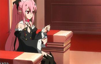 10s 1boy 1girl animated animated_gif blonde_hair blood owari_no_seraph pink_hair vampire