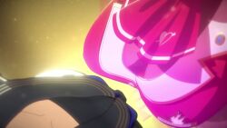 2girls animated black_sailor_collar black_shirt bouncing_breasts breast_focus breast_press breasts cleavage collarbone cropped_jacket dual_persona highres hololive houshou_marine houshou_marine_(1st_costume) houshou_marine_(school_uniform) jacket large_breasts leotard leotard_under_clothes multiple_girls official_art red_jacket sailor_collar school_uniform see-through_cleavage see-through_clothes shirt sound symmetrical_docking tagme video virtual_youtuber