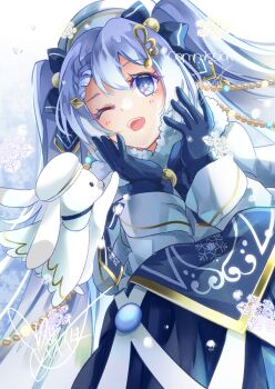 1girl animal_ears beret blue_eyes blue_hair blush braid commission fortissimo gloves hair_between_eyes hair_ornament hat hatsune_miku jewelry long_hair long_sleeves looking_at_viewer musical_note musical_note_hair_ornament official_alternate_costume official_alternate_hairstyle one_eye_closed open_mouth pixiv_commission rabbit_ears rabbit_yukine smile snowflake_print snowflakes twintails tyouya very_long_hair vocaloid yuki_miku yuki_miku_(2021)