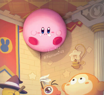 Rule 34 | :i, black hat, blue eyes, blush stickers, brick wall, broom hatter, closed mouth, commentary request, duster, food, food on face, hat, holding, holding duster, indoors, kirby, kirby's dream buffet, kirby (series), nintendo, no humans, one-eyed, star (symbol), suyasuyabi, twitter username, waddle dee, waddle doo, wide-eyed, witch hat