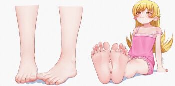 1girl bare_legs barefoot blonde_hair blush closed_mouth collarbone dress feet feet_only flat_chest foot_focus foreshortening full_body loli long_hair monogatari_(series) multiple_views nail_polish on_ground oshino_shinobu pietrosatou pink_dress pointy_ears short_dress simple_background sitting smile soles solo strap_slip toenail_polish toenails toes very_long_hair white_background yellow_eyes