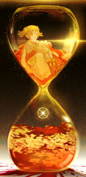 1girl :| absurdres aiguillette ankle_boots blonde_hair blood blood_on_ground boots chinese_commentary closed_mouth commentary_request daiba_nana diffraction_spikes expressionless film_grain fur-trimmed_jacket fur_trim glint green_ribbon hair_between_eyes hair_ribbon hand_up highres hourglass hugging_own_legs in_hourglass jacket jacket_on_shoulders knees_up legs_together long_sleeves looking_to_the_side miniskirt night orange_boots outdoors oversized_object pleated_skirt red_jacket red_sash ribbon sash short_hair short_twintails shoujo_kageki_revue_starlight shoulder_sash sideways_glance sitting skirt sky sleeve_cuffs solo star_(sky) star_dust starry_sky tassel twintails wide_shot wu_huo_(nor020113) yellow_eyes yellow_theme