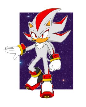 1boy alternate_fur_color animal_nose ankle_cuffs artist_name black_shoes border chest_fur clenched_hand closed_mouth commentary english_commentary full_body furry furry_male gloves gold_ring grey_fur hedgehog_boy highres inhibitor_rings jewelry looking_at_viewer male_focus multicolored_fur multicolored_shoes multiple_rings outline outstretched_arm red_eyes red_fur ring serious shadow_the_hedgehog shoes solo sonic_(series) space standing star_(sky) starry_sky_background super_shadow tail tan tsurime twitter_username two-tone_fur waitochan white_border white_gloves white_outline white_shoes