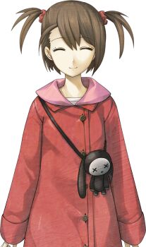 1girl brown_hair buttons child closed_eyes coat game_cg hair_ornament huke non-web_source official_art red_coat science_adventure shirt short_twintails smile solo sprite steins;gate steins;gate_0 stuffed_animal stuffed_toy tennouji_nae transparent_background twintails two_side_up white_shirt winter_clothes winter_coat