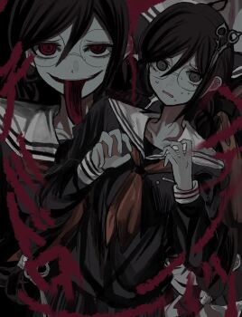 Rule 34 | 1girl, black shirt, braid, commentary request, danganronpa: trigger happy havoc, danganronpa (series), egao (nsazrs), fukawa toko, genocider sho, glasses, hands up, highres, long hair, long sleeves, long tongue, neckerchief, open mouth, red eyes, red neckerchief, round eyewear, sailor collar, school uniform, scissors, serafuku, shirt, skirt, smile, tongue, tongue out, twin braids, white sailor collar