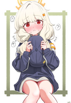 1girl :&lt; ? aoba_(blue_archive) armband blonde_hair blue_archive blue_hat blue_jacket blush border bow bowtie closed_mouth commentary_request fluffy_hair flying_sweatdrops green_border grey_skirt hair_ornament hairclip halo hat highres jacket long_hair long_sleeves looking_at_viewer low_twintails newsboy_cap orange_armband orange_halo partial_commentary peaked_cap pencil_skirt red_eyes sign sitting skirt solo spoken_question_mark sweatdrop taichi_(taichi_bookcafe) twintails unworn_hat unworn_headwear white_background yellow_armband yellow_bow yellow_bowtie