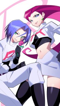 1boy 1girl absurdres blue_eyes blue_hair earrings flower green_eyes highres holding holding_flower james_(pokemon) jessie_(pokemon) jewelry lipstick long_hair looking_at_viewer makeup midriff navel nintendo pants pokemon pokemon_(anime) purple_hair rose short_hair simple_background skirt smile team_rocket team_rocket_uniform thighhighs tlotro very_long_hair white_background