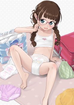 1girl arm_support backpack bag bare_legs barefoot blue_eyes blush bra braid brown_hair commentary_request diaper diaper_package feet female_focus glasses highres hoono_yurumu knee_up loli long_hair navel open_mouth original paid_reward_available panties pink-framed_eyewear polka_dot polka_dot_background print_diaper pull-up_diaper purple_panties randoseru reclining red_bag solo thighs toes training_bra twin_braids underwear underwear_only unworn_backpack unworn_bag unworn_diaper unworn_panties white_bra