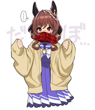 ... 1girl animal_ears black_ribbon blush bow bowtie braid braided_hair_rings breasts brown_hair cardigan ear_covers ear_ornament gentildonna_(umamusume) hair_between_eyes hair_ornament hair_ribbon hair_rings heart-shaped_ornament heart_ear_ornament horse_ears horse_girl jacket long_hair looking_at_viewer nieto_tokage pleated_skirt purple_sailor_collar purple_serafuku purple_shirt purple_skirt red_eyes red_scarf ribbon sailor_collar sailor_shirt scarf scarf_over_mouth school_uniform serafuku shirt sidelocks simple_background skirt solo speech_bubble spoken_ellipsis tracen_school_uniform umamusume white_bow white_bowtie yellow_jacket