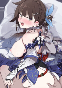 1boy 1girl ass bad_tag blush breasts brown_eyes brown_hair commentary_request from_behind gloves grabbing_another&#039;s_ass grabbing_from_behind groping hetero honkai_(series) honkai_impact_3rd kusugi_tai large_breasts li_sushang li_sushang_(jade_knight) long_hair looking_back nipples open_mouth pillow sex smile solo_focus teeth tongue upper_teeth_only white_gloves