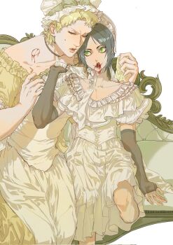 2boys bite_mark bite_mark_on_neck black_gloves blonde_hair blood blood_from_mouth bonnet chaise_longue crossdressing crossdressing_(mtf) dress elbow_gloves eren_yeager frilled_dress frills furrowed_brow gloves green_eyes grey_hair half-closed_eyes hashtag-only_commentary highres male_focus multiple_boys one_eye_closed open_mouth parted_bangs partially_fingerless_gloves reiner_braun scrrrsus shingeki_no_kyojin short_hair short_sleeves sweatdrop tongue tongue_out white_background white_bonnet white_dress yaoi yellow_sleeves