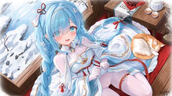 1girl absurdres azur_lane blue_eyes blue_hair bodystocking bodysuit braid cameltoe cat chinese_clothes chinese_new_year clothes_lift commentary_request cup flower from_above hair_flower hair_ornament hair_over_one_eye hair_ribbon hanfu highres holding incense_burner indoors janus_(azur_lane) jewelry lake lifting_own_clothes long_hair long_sleeves looking_at_viewer nervous_smile open_mouth qixiong_ruqun ribbon sechka sitting smile smoke snow snowing solo tea teacup teapot tree twin_braids very_long_hair wariza white_hanfu wooden_floor