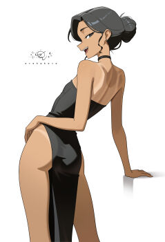 1girl arm_support ass back black_dress black_hair choker dress ear_piercing fang flat_chest freckles hair_bun highres open_mouth original otokakoto pelvic_curtain piercing profile short_hair simple_background tan tanline white_background