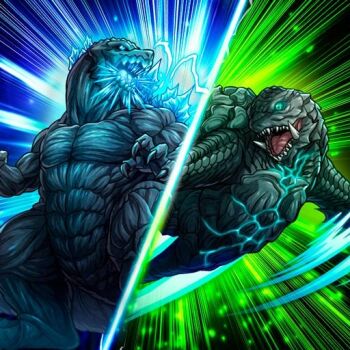 abs artist_request atomic_breath blue_background blue_electricity blue_eyes body_markings breath_weapon breathing_lightning chibi claws cross_promotion crossover electricity energy energy_ring engi_(animation_studio) exhaust fire flippers flying gamera gamera_(series) gamera_-rebirth- giant giant_monster glowing glowing_eyes glowing_markings glowing_spikes glowing_veins godzilla godzilla:_planet_of_the_monsters godzilla_(series) godzilla_battle_line godzilla_earth green_background green_eyes kadokawa kaiju lowres monster multicolored_background muscular neon_trim no_humans now_production official_art open_mouth plasma polygon_pictures promotional_art sea_monster sharp_teeth simple_background spikes split_screen teeth toho toho_games turtle turtle_shell tusks veins
