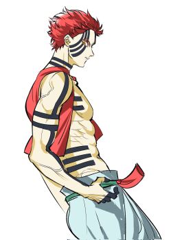 1boy akaza_(kimetsu_no_yaiba) arm_markings bare_shoulders body_markings clenched_hand commentary_request cowboy_shot cropped_vest facial_mark furrowed_brow highres keta040429 kimetsu_no_yaiba male_focus midriff muscular muscular_male pants parted_lips red_hair red_vest short_hair solo veins veiny_arms vest white_background white_pants yellow_eyes