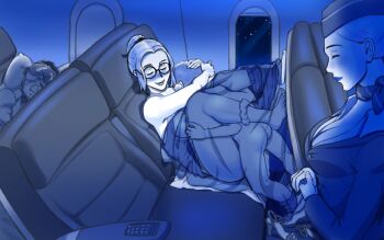 2boys 2girls age_difference airplane_interior bare_arms barefoot blanket blush bottomless breasts breasts_out caracol feet flight_attendant full_body glasses happy_sex hetero high_heels hug incest medium_breasts monochrome mother_and_son multiple_boys multiple_girls night panties_around_leg parted_bangs public_indecency round_eyewear sex shared_clothes shota sitting sleeping stealth_sex toes travel_attendant under_another's_clothes under_covers unworn_footwear