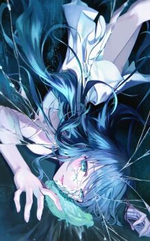1girl bleeding blood blue_blood blue_eyes blue_hair crack cracked_glass cracked_skin dress fallen_down highres injury looking_at_viewer open_mouth ppru saya_(saya_no_uta) saya_no_uta smile solo upside-down white_dress