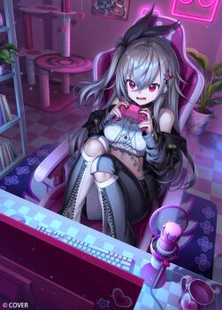 1girl black_bow black_jacket black_pants bow chair commentary_request computer_keyboard controller copyright_name cropped_shirt crossed_bangs detached_pants game_controller gaming_chair grey_hair holding holding_controller holding_game_controller hololive hololive_dev_is indoors isaki_riona isaki_riona_(1st_costume) jacket knee_cutout knees_up long_hair looking_at_screen midriff monitor off_shoulder official_art one_side_up open_mouth pants para_sitism plant potted_plant red_eyes screen_light shirt sitting sleeveless sleeveless_shirt solo swivel_chair two-tone_pants virtual_youtuber wavy_mouth white_pants white_shirt