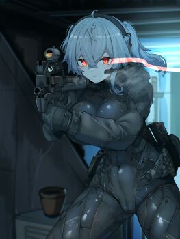 Rule 34 | absurdres, aiming, aiming at viewer, bodysuit, breasts, bullpup, covered navel, grey hair, gun, hair between eyes, headset, highres, holding, holding gun, holding weapon, impossible bodysuit, impossible clothes, impossible leotard, large breasts, leotard, m004 (natsukaze shigure), medium hair, natsukaze shigure, original, p90, skin tight, submachine gun, thighs, weapon