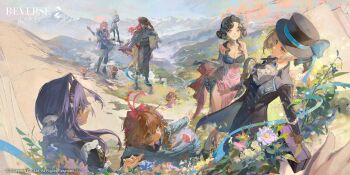 Rule 34 | 2boys, 5girls, absurdres, aleph (reverse:1999), anjo nala, black hair, blue hair, brown hair, curled horns, ferrofluid, fishbowl helmet, flower, flutterpage, gloves, green tail, grey horns, happy anniversary, hat, highres, holding, holding suitcase, horns, jumpsuit, lizard tail, low horns, mask, merlin (reverse:1999), mountainous horizon, multiple boys, multiple girls, nautika (reverse:1999), object head, official art, pink hair, red hair, reverse:1999, snow, suitcase, tail, ulrich (reverse:1999), vertin (reverse:1999), voyager (reverse:1999), white hair, white jumpsuit