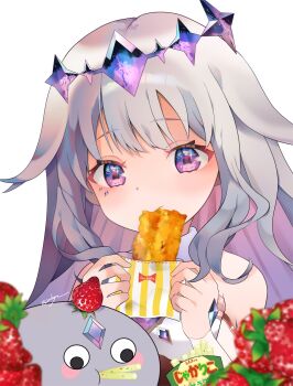 1girl 2ndope absurdres blurry blurry_foreground chicken_(food) commentary_request eating famichiki food fried_chicken fruit grey_hair hair_flaps headpiece highres holding hololive hololive_english jagarico jewel_under_eye koseki_bijou koseki_bijou_(1st_costume) long_hair looking_at_viewer pebble_(koseki_bijou) purple_eyes simple_background solo strawberry upper_body virtual_youtuber white_background