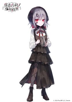 1girl bandaid black_boots black_dress black_pantyhose boots closed_mouth coffee_pot collared_shirt colored_inner_hair commentary_request copyright_logo copyright_notice dress full_body grey_hair hair_ornament headscarf highres holding_coffee_pot logo long_dress long_sleeves looking_at_viewer mahou_shoujo_no_majo_saiban multicolored_hair nail_polish neck_ribbon official_alternate_costume official_art pantyhose red_eyes red_ribbon ribbon second-party_source shirt shito_alisa short_hair simple_background smile solo standing sugawara_omu tachi-e treasure_cafe white_background white_shirt x_hair_ornament