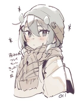 1girl absurdres alternate_costume backpack bag beanie blush brown_scarf commentary_request cropped_torso double-parted_bangs grey_eyes grey_hair grey_hat hair_between_eyes hat headgear highres i-201_(kancolle) jacket kantai_collection looking_at_viewer ma_rukan medium_hair scarf sidelocks signature simple_background sketch solo upper_body white_background white_jacket winter_clothes