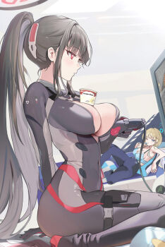 2girls black_hair blonde_hair blue_archive blue_bra blue_eyes blue_halo bodysuit bra breasts commentary_request controller covered_navel game_controller haagen-dazs halo high_ponytail holding holding_controller holding_game_controller houraku large_breasts long_hair multiple_girls official_alternate_costume one_eye_closed playing_games playing_video_games ponytail red_eyes red_halo rio_(armed)_(blue_archive) rio_(blue_archive) sitting toki_(armed)_(blue_archive) toki_(blue_archive) underwear wariza