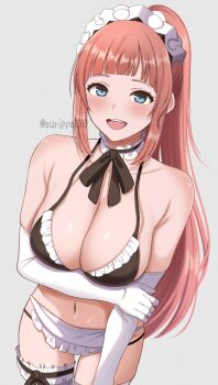 1girl :d alternate_costume bare_shoulders bikini black_bikini blue_eyes blush breasts collarbone commentary_request elbow_gloves felicia_(fire_emblem) fire_emblem fire_emblem_fates from_above gloves grey_background highres large_breasts long_hair looking_at_viewer maid maid_bikini navel nintendo open_mouth ponytail red_hair smile solo stomach surippa1010 swimsuit thighs twitter_username unconventional_maid upper_body white_gloves