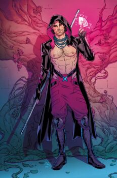 1boy abs artist_collaboration black_boots black_coat black_gloves black_sclera bo_staff boots brown_hair card cheekbones chest_hair clothing_cutout coat colored_sclera comic_cover commentary english_commentary facial_hair fingerless_gloves full_body gambit gloves glowing glowing_card glowing_eyes gradient_background highres hip_vent holding holding_card holding_staff holding_weapon initial knee_pads male_focus marvel matt_wilson muscular muscular_male navel nipples official_alternate_costume official_art pants pink_coat pink_pants playing_card red_eyes russell_dauterman short_hair smirk solo staff stomach_hair stubble tree two-sided_coat two-sided_fabric weapon x-men