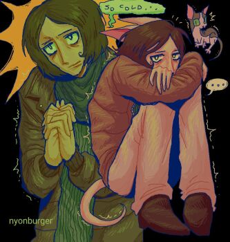 ... 1boy ^^^ animal_ears arms_on_knees bags_under_eyes black_background blank_stare bright_pupils brown_hair brown_jacket brown_shoes cat cat_ears cat_tail coat coat_guy_(no_i&#039;m_not_a_human) cold commentary ears_down english_commentary english_text full_body furrowed_brow green_scarf green_shirt hatching_(texture) hunched_over interlocked_fingers jacket jaggy_lines jitome kemonomimi_mode knees_up linear_hatching long_sleeves looking_at_viewer looking_up multiple_views no_i&#039;m_not_a_human notice_lines nyonburger open_clothes open_jacket own_hands_clasped own_hands_together pants parted_bangs parted_lips pink_pants ribbed_shirt scarf shirt shoes short_hair simple_background sitting speech_bubble sphynx_cat spoken_ellipsis tail trembling twitter_username upper_body white_pupils winter_clothes winter_coat