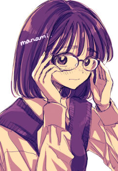 1girl artist_name bob_cut closed_mouth commentary_request freckles glasses hands_up long_sleeves looking_at_viewer monochrome original school_uniform shirt short_hair signature simple_background sketch solo sugano_manami sweater_vest upper_body wavy_mouth white_background
