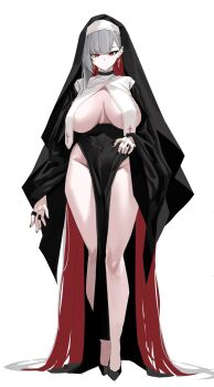 1girl absurdres black_dress black_nails breast_curtains breasts closed_mouth colored_inner_hair commentary dress english_commentary full_body grey_hair highres jewelry large_breasts long_hair long_sleeves looking_at_viewer multicolored_hair multiple_rings nail_polish nun original pelvic_curtain plentyofempty red_hair revealing_clothes ring simple_background solo standing thighs two-tone_hair very_long_hair white_background