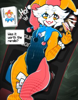 1boy abstract_background absurdres balatro between_breasts black_leotard blue_collar bodysuit breasts bulge card card_between_breasts cleavage clown clown_boy club-shaped_pupils collar colored_skin commentary covered_navel english_commentary english_text feet_out_of_frame green_background hair_between_eyes hat highres hosses jester jester_boy jester_cap jimbo_(balatro) leotard looking_at_viewer male_focus mismatched_pupils multicolored_bodysuit orange_bodysuit pectoral_cleavage pectorals personification pink_bodysuit playing_card scanlines short_hair solo spade-shaped_pupils trap two-tone_bodysuit white_hair white_skin