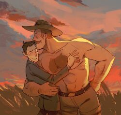 Rule 34 | 2boys, abs, arm hair, bara, black hair, blonde hair, blush, citrus0lemon, closed eyes, couple, cowboy hat, cowboy shot, formal, hat, highres, kiss, kissing forehead, large pectorals, long sideburns, male focus, mature male, mr. bidwell, multiple boys, muscular, muscular male, outdoors, pectorals, saxton hale, short hair, sideburns, size difference, smile, suit, sunset, team fortress 2, thick chest hair, thick mustache, topless male, yaoi